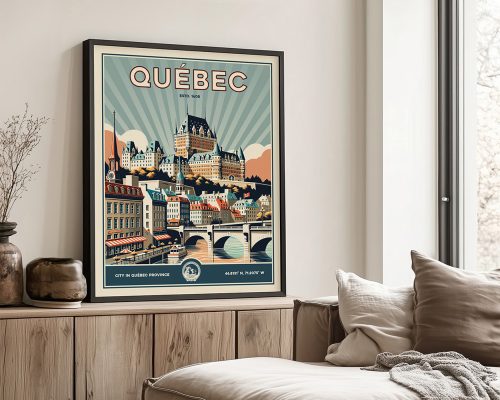 Retro-style poster depicting the city of Quebec with historical architecture and a bridge.