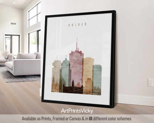 Art print featuring the skyline of Quebec City with various building silhouettes in soft colors.