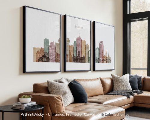 Three framed prints of Quebec cityscape featuring buildings and skyline in soft colors.
