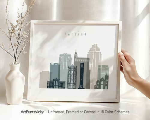 Art print of the Raleigh city skyline featuring various buildings in muted colors.