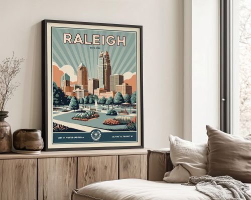 Framed poster of Raleigh, North Carolina, featuring city skyline and stylized graphics.