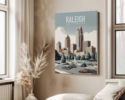 Art print depicting the skyline of Raleigh, North Carolina with notable buildings and greenery.