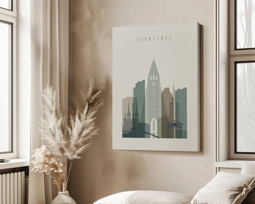 Illustration of Reykjavik city skyline featuring prominent buildings and a clock tower.