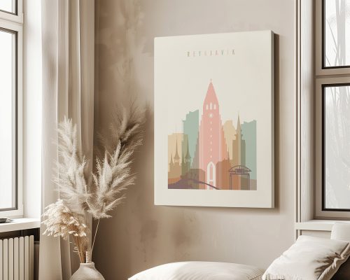 Art print of Reykjavik featuring a stylized depiction of city buildings and a tower.