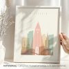 Art print of Reykjavik featuring a stylized depiction of a cityscape with notable buildings.
