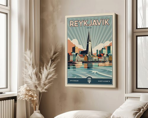 Retro-style poster of Reykjavik featuring the city skyline and church tower with a sunburst background.