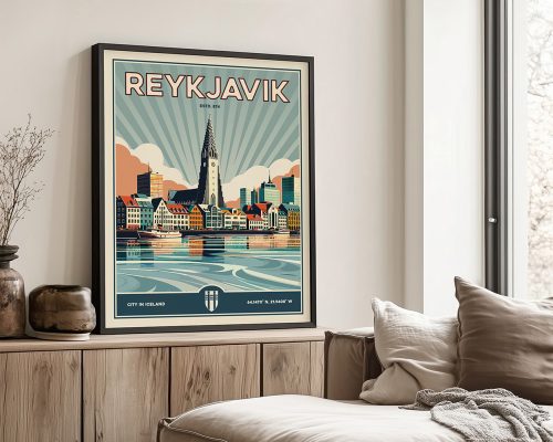 Retro art print of Reykjavik featuring buildings and a church with a scenic background.