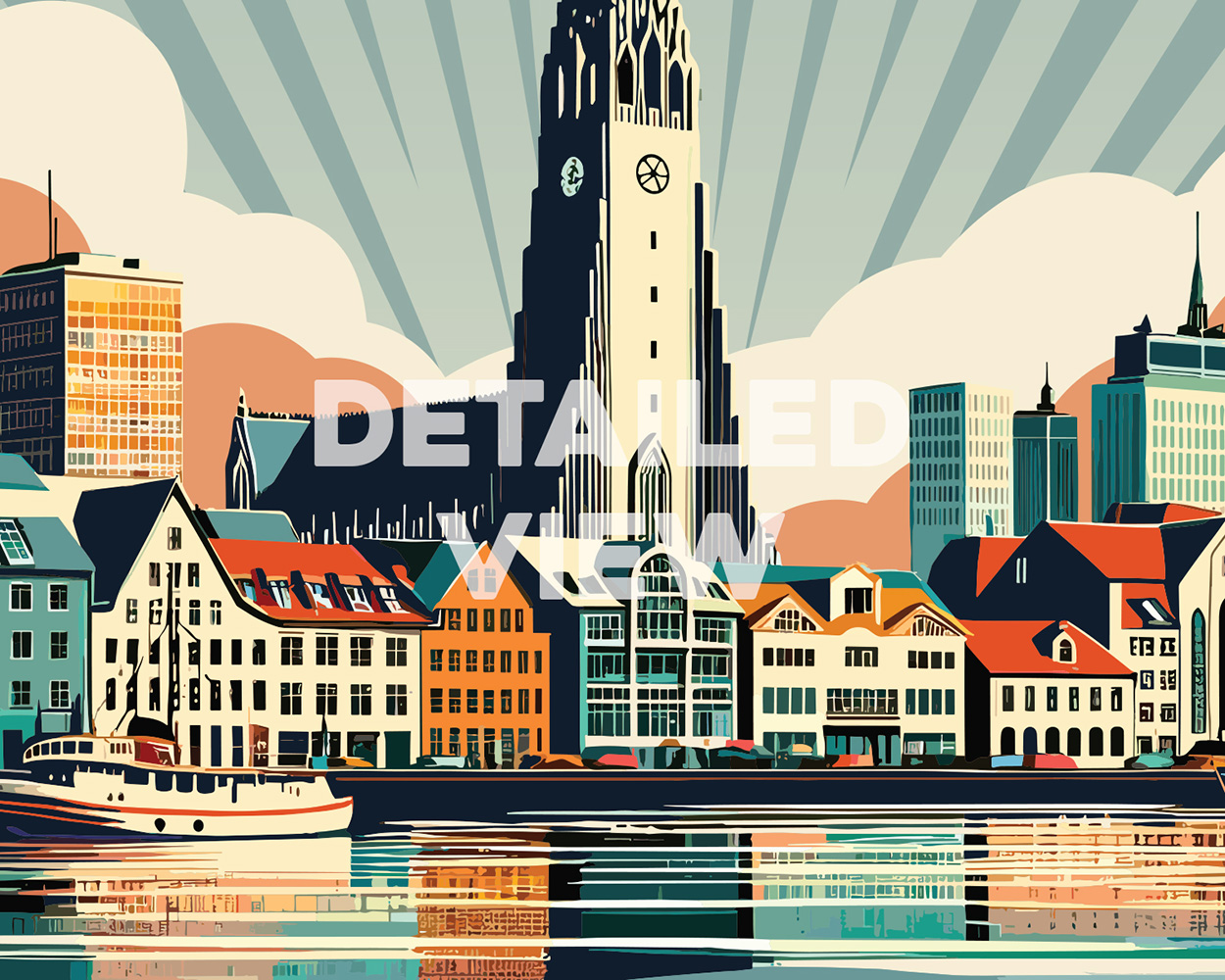 Retro-style illustration of Reykjavik featuring buildings and a tower with a boat in the foreground.