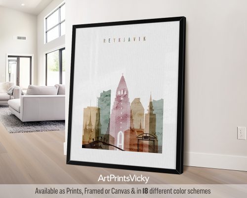 Art print featuring a stylized cityscape of Reykjavik with various building silhouettes.