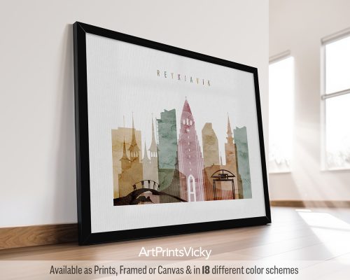 Art print of Reykjavik city skyline featuring various buildings in muted colors.