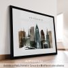 Framed art print of Reykjavik cityscape featuring notable buildings in muted colors.