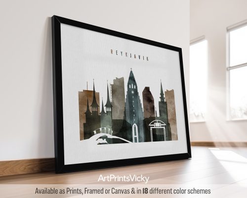 Framed art print of Reykjavik cityscape featuring notable buildings in muted colors.