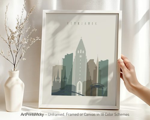 Framed print of Reykjavik cityscape featuring buildings and a bridge in muted colors.