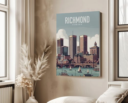 Illustration of Richmond, Virginia skyline with buildings and boats on the water.
