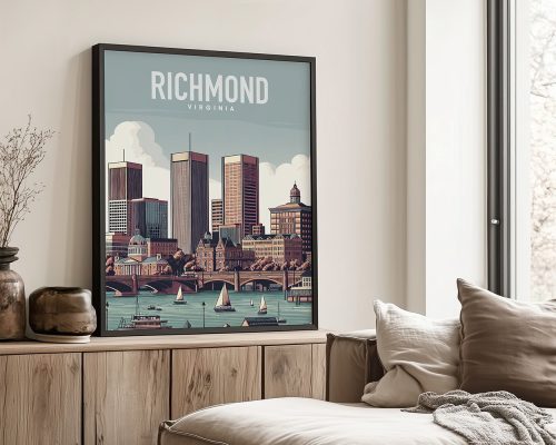 Framed artwork depicting a cityscape of Richmond, Virginia with buildings and a river.