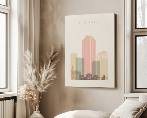 Artistic representation of Richmond's skyline with various buildings in pastel colors.
