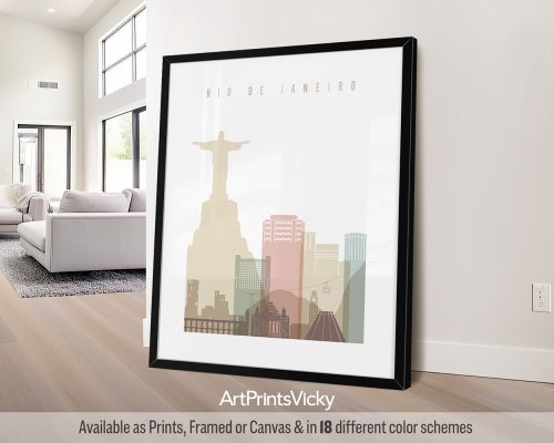 Art print featuring a stylized cityscape of Rio de Janeiro with the Christ the Redeemer statue.
