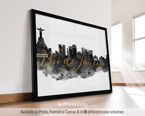 Art print featuring a silhouette of Rio de Janeiro's skyline with the Christ the Redeemer statue.