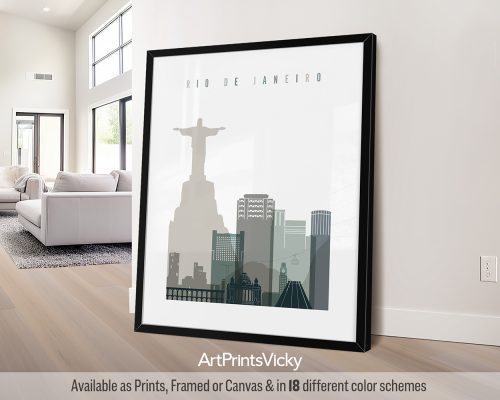 Art print featuring a stylized cityscape of Rio de Janeiro with the Christ the Redeemer statue.