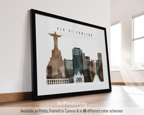 Framed artwork depicting a cityscape of Rio de Janeiro with notable landmarks.