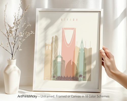 Art print featuring a stylized illustration of Riyadh's skyline with pastel colors.