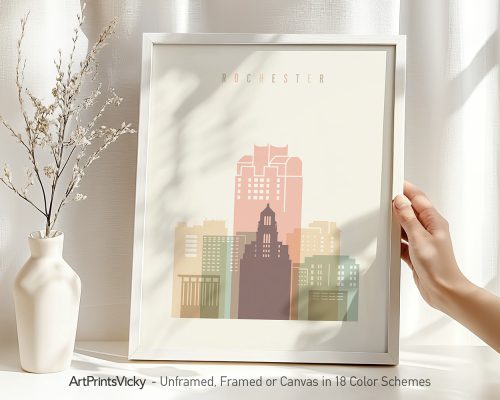 Art print of Rochester cityscape featuring buildings in pastel colors with the word 'ROCHESTER'.