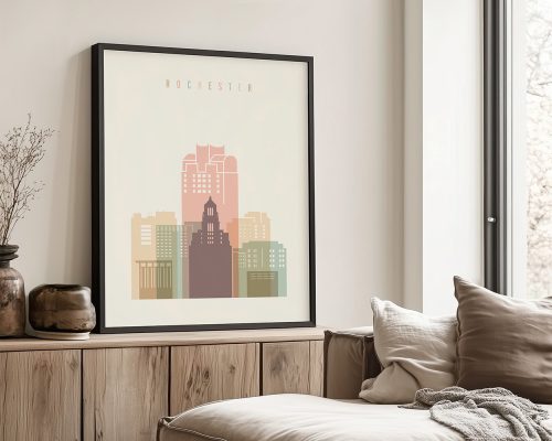 Art print featuring a stylized cityscape of Rochester with pastel colors and a modern design.