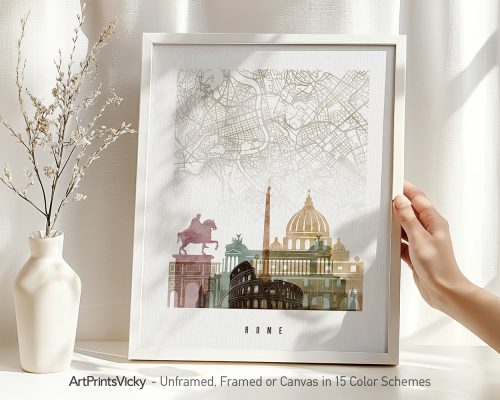 Art print featuring a map of Rome with notable landmarks in a minimalist design.