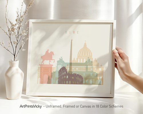 Illustration featuring iconic landmarks of Rome, including the Colosseum and St. Peter's Basilica, in soft pastel colors.