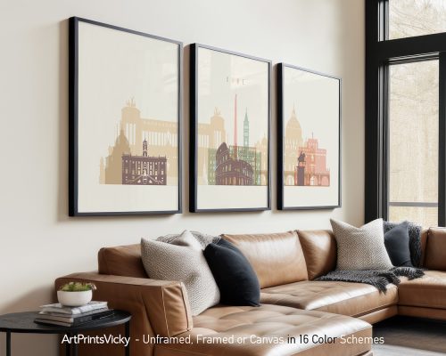 Three framed art prints featuring iconic landmarks of Rome displayed on a wall.