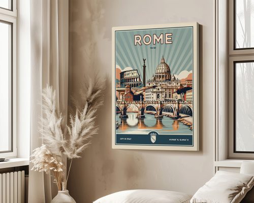 Vintage-style poster depicting the skyline of Rome with notable landmarks and a river.