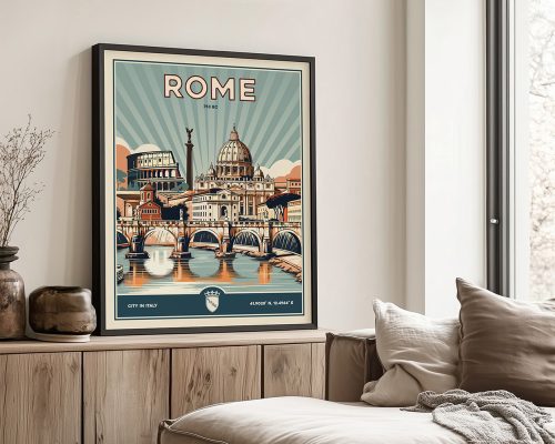 Retro-style poster of Rome featuring landmarks like the Colosseum and St. Peter's Basilica.