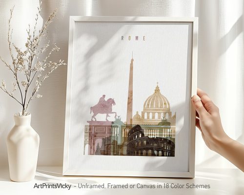 Framed artwork featuring iconic landmarks of Rome, including a horse statue and the Colosseum.