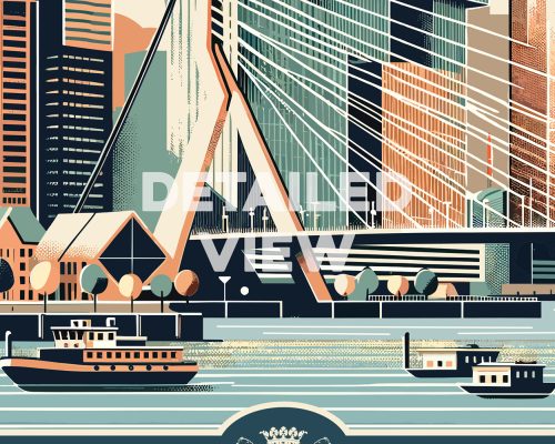 Illustration of Rotterdam featuring buildings, a bridge, and boats on the water.