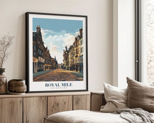 Art print of the Royal Mile in Edinburgh featuring buildings and a clock tower.