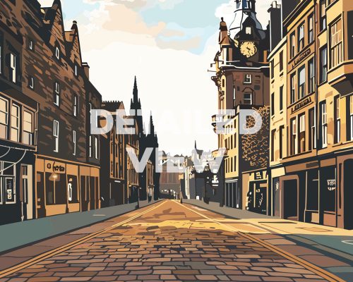 Illustration depicting the Royal Mile in Edinburgh with buildings and cobblestone street.