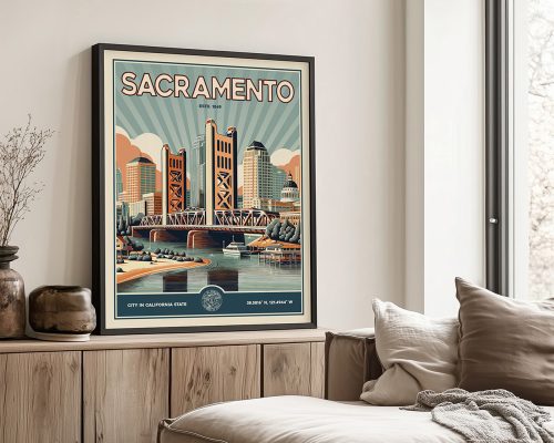 Retro-style poster featuring the Sacramento skyline and the Tower Bridge.