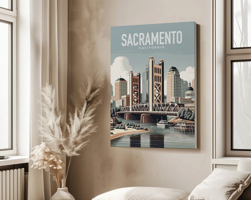 Art print featuring the Sacramento skyline with the Tower Bridge and surrounding buildings.