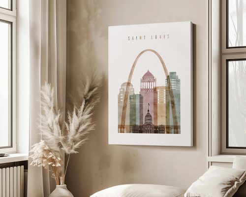 Art print featuring the Gateway Arch and buildings in Saint Louis with a pastel color palette.