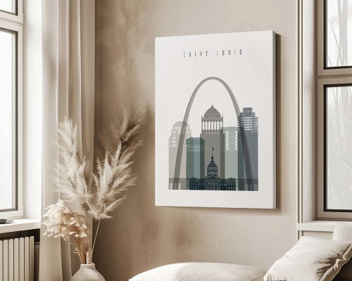 Stylized cityscape artwork of Saint Louis featuring the Gateway Arch and skyline.