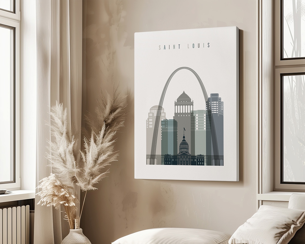 Stylized cityscape artwork of Saint Louis featuring the Gateway Arch and skyline.