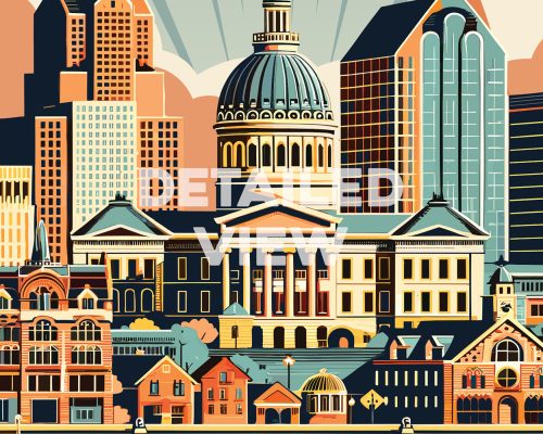 Illustration of a cityscape featuring buildings and a dome structure in a retro style.