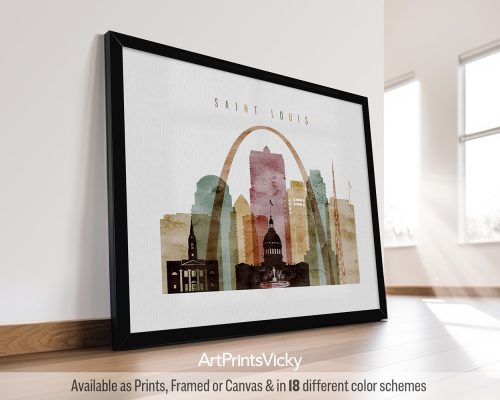 Framed artwork depicting the cityscape of Saint Louis with notable landmarks and the Gateway Arch.