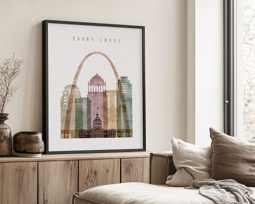Framed artwork featuring the Saint Louis skyline with the Gateway Arch and buildings in soft colors.