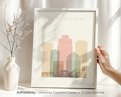 Art print of St. Petersburg cityscape featuring stylized buildings in soft colors.