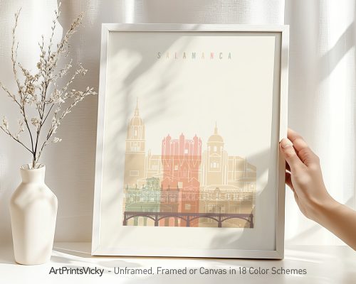 Art print of Salamanca featuring architectural landmarks in soft colors within a frame.