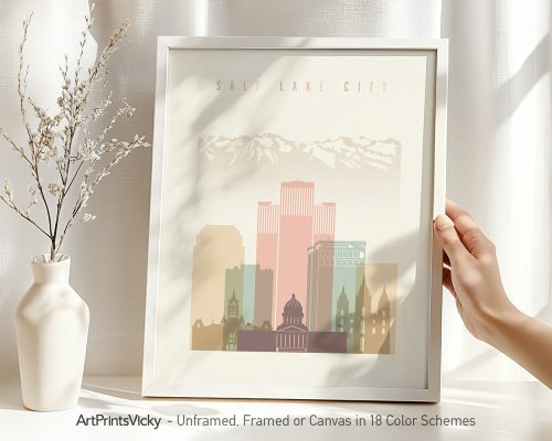Art print of Salt Lake City skyline with mountains in the background and a pastel color scheme.