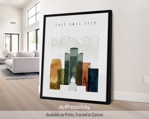 Art print featuring a stylized skyline of Salt Lake City with various buildings and a soft color palette.