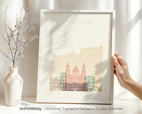 Art print featuring a stylized illustration of Salzburg's skyline with notable buildings.