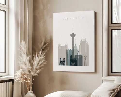 Illustration of San Antonio skyline featuring various buildings and the Tower Life Building.
